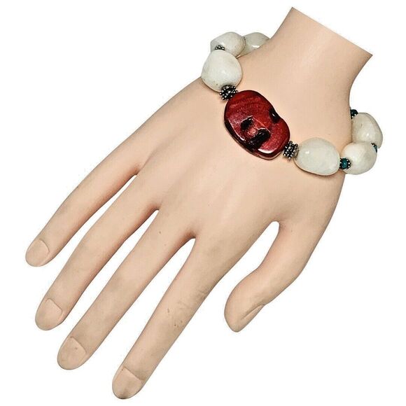 Barse White Druzy Red Coral Chunky Bracelet 7" 925 Sterling Sliver Bohemian - Picture 6 of 12